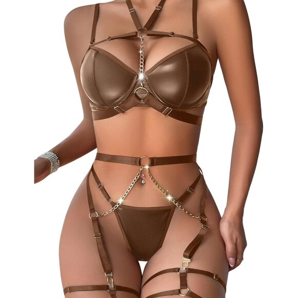 🆕Women Brown Sexy Pu Leather Strappy Underwire Garter Belt Lingerie Set